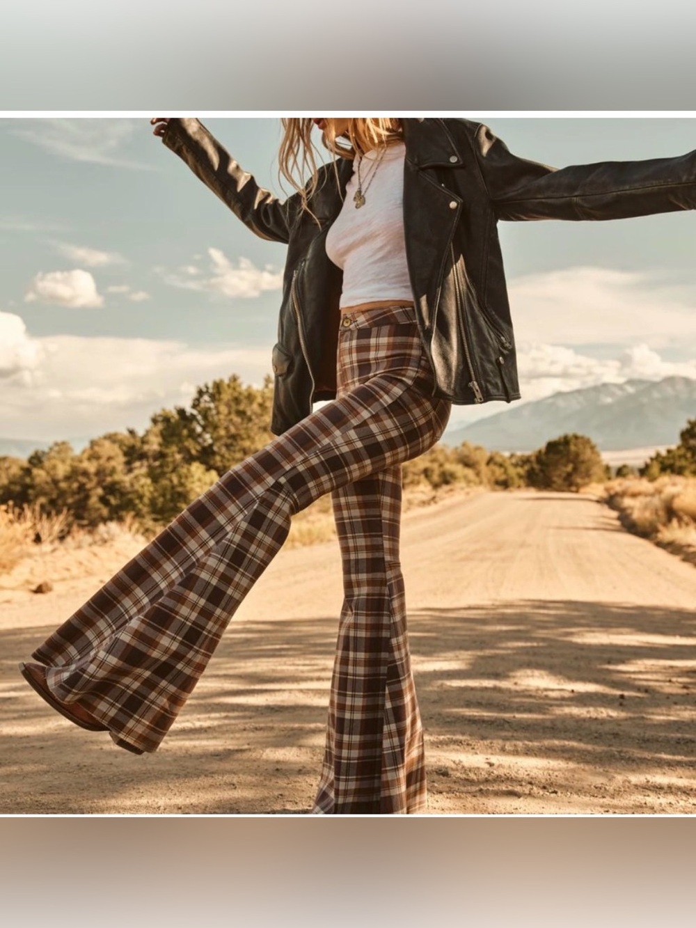 Free People Just Float On Dark Chocolate Combo Windowpane Flare Jeans Pants EUC - Picture 2 of 3